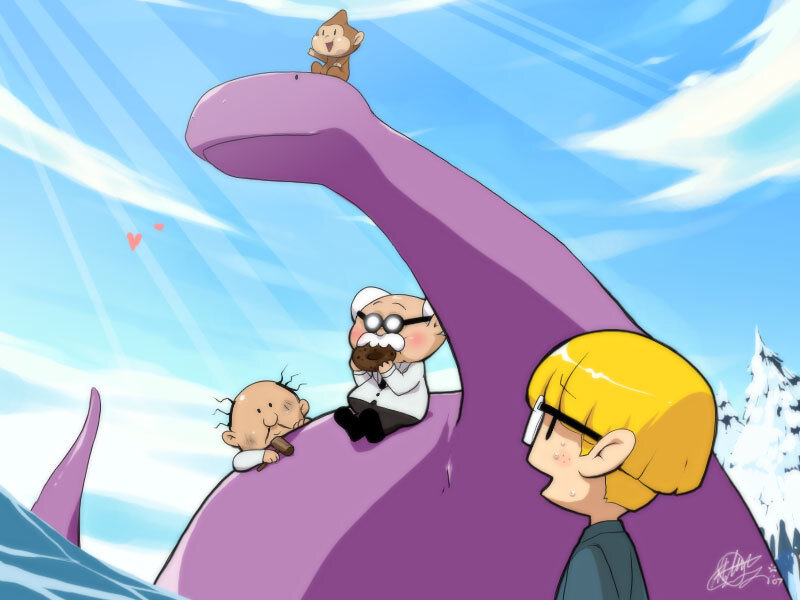 Characters on a dinosaur
