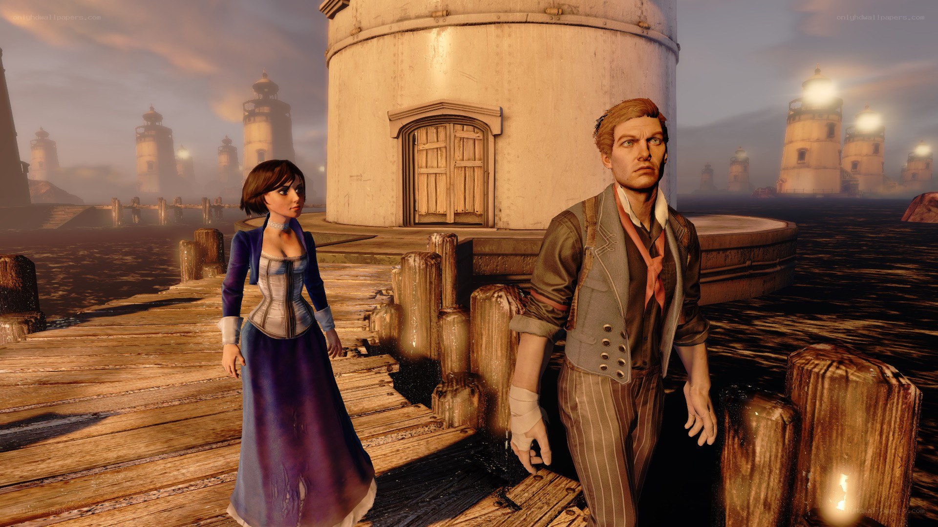 characters on a dock at dusk