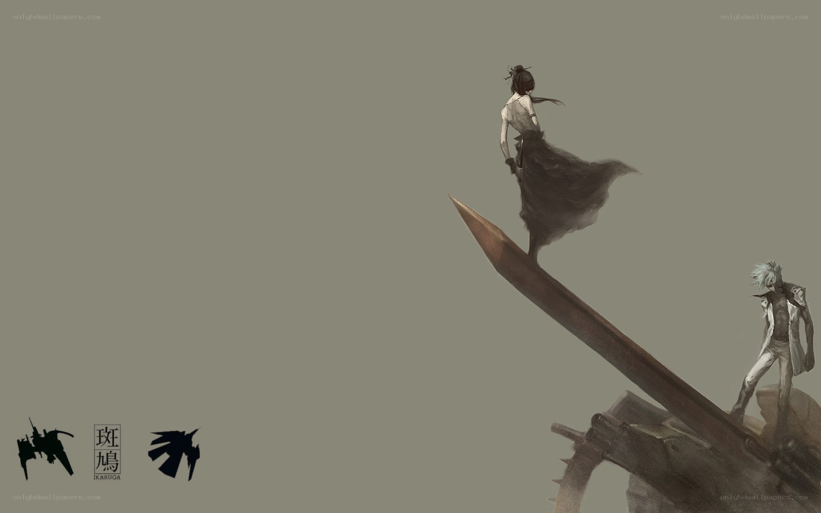 Characters on a giant sword