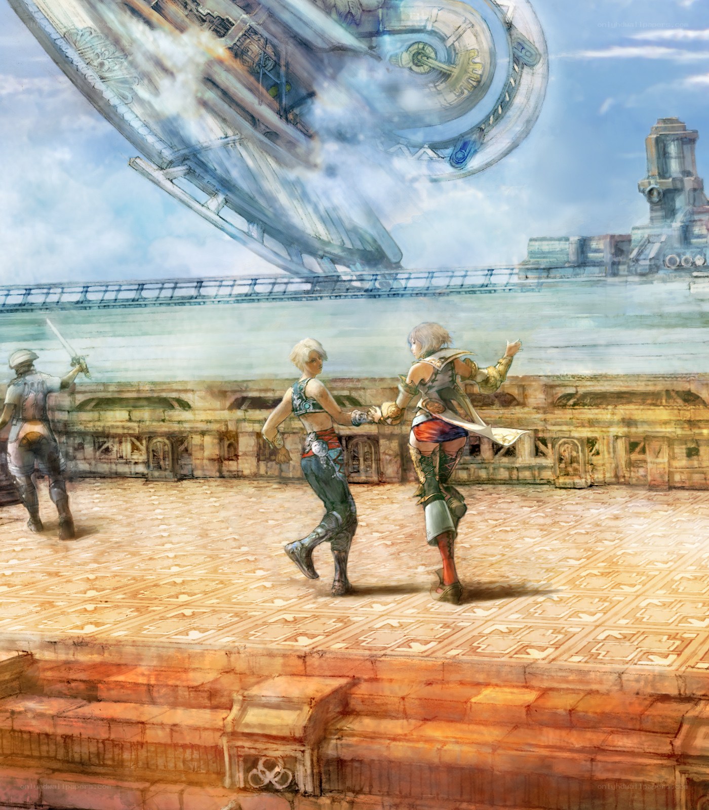 Characters on a platform with airship