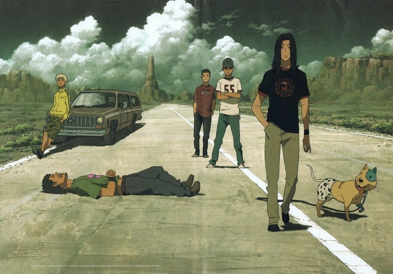 Characters on a road with dog