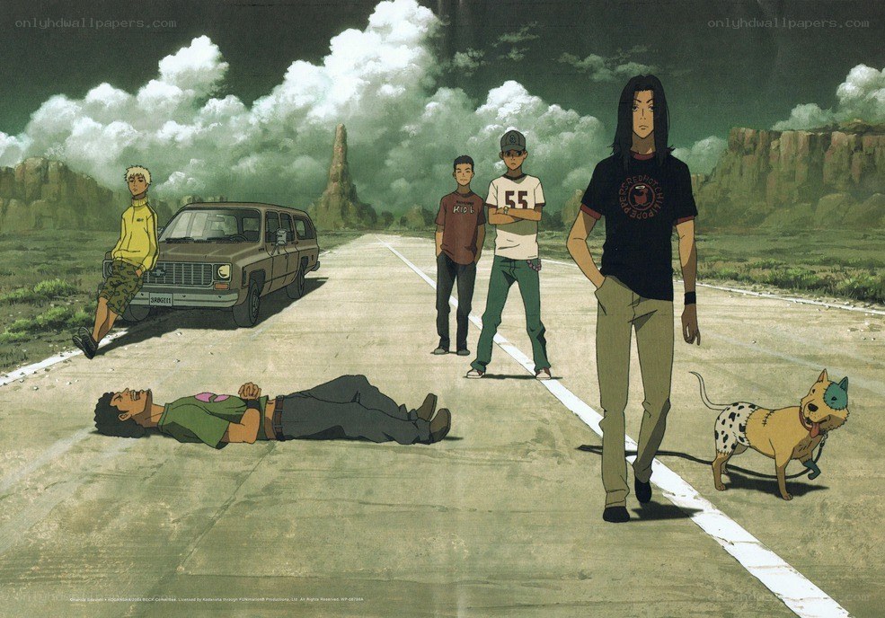 Characters on a road with dog