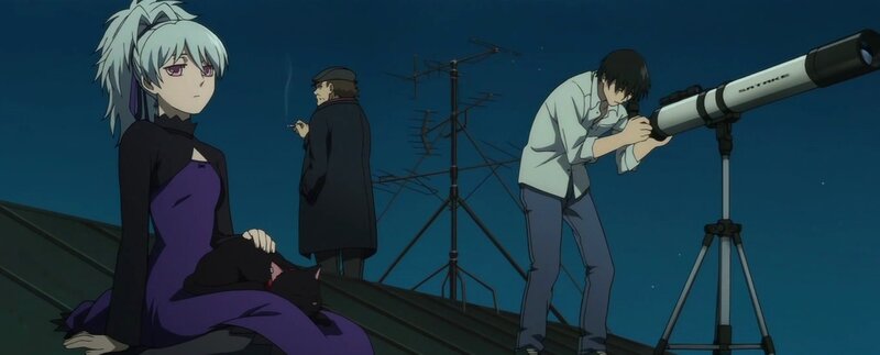 Characters on a rooftop at night