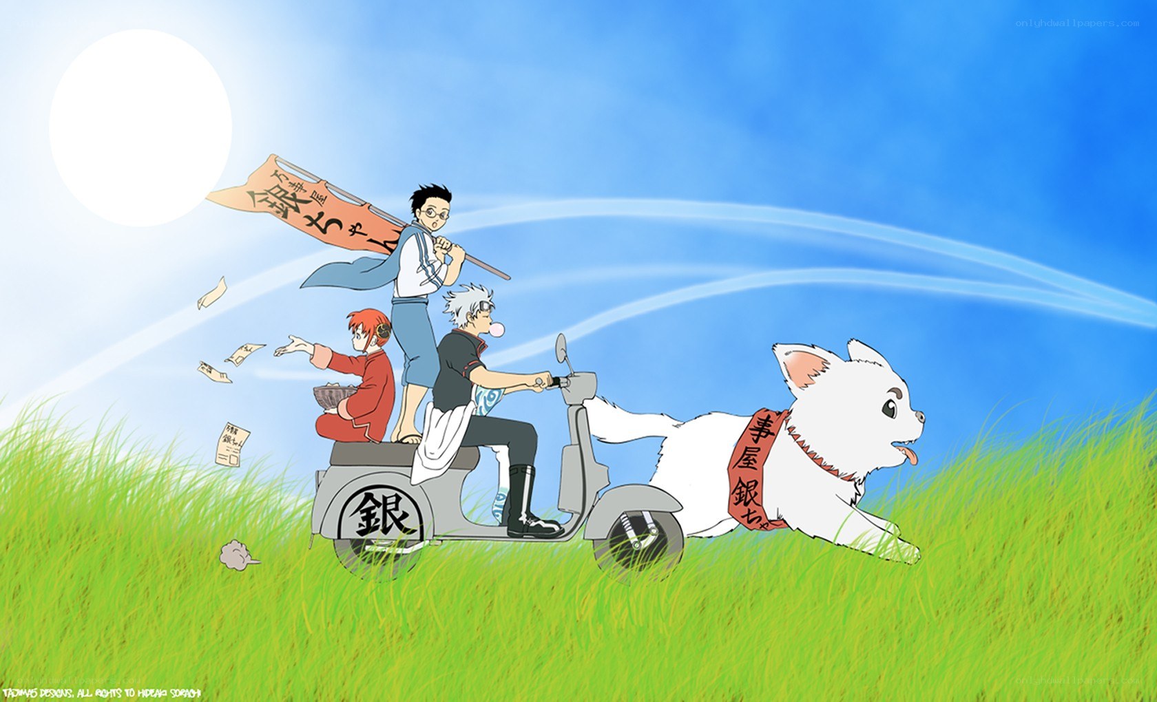 Characters on a scooter with dog