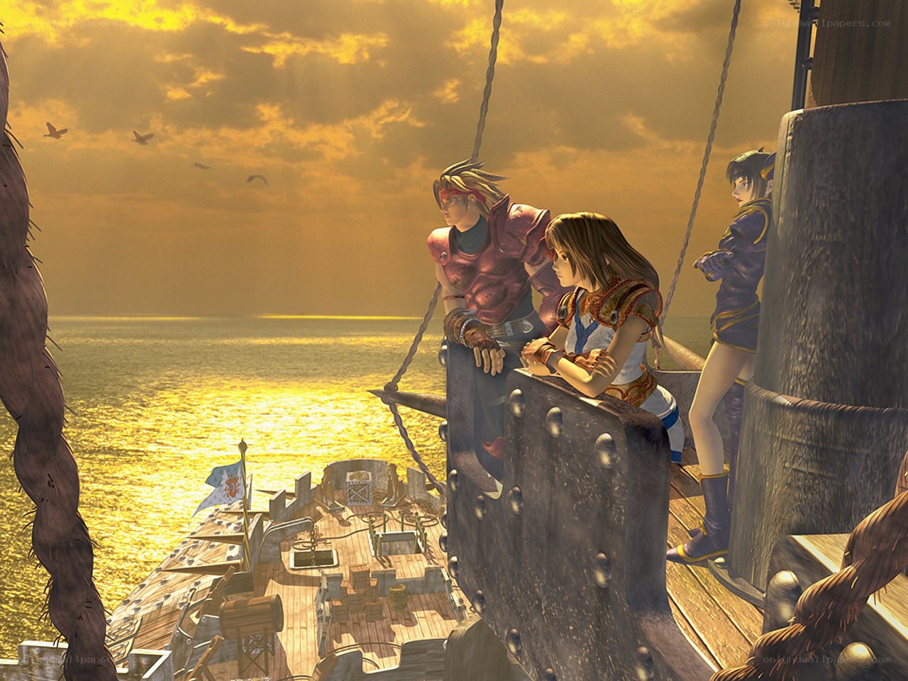 Characters on a ship at sunset