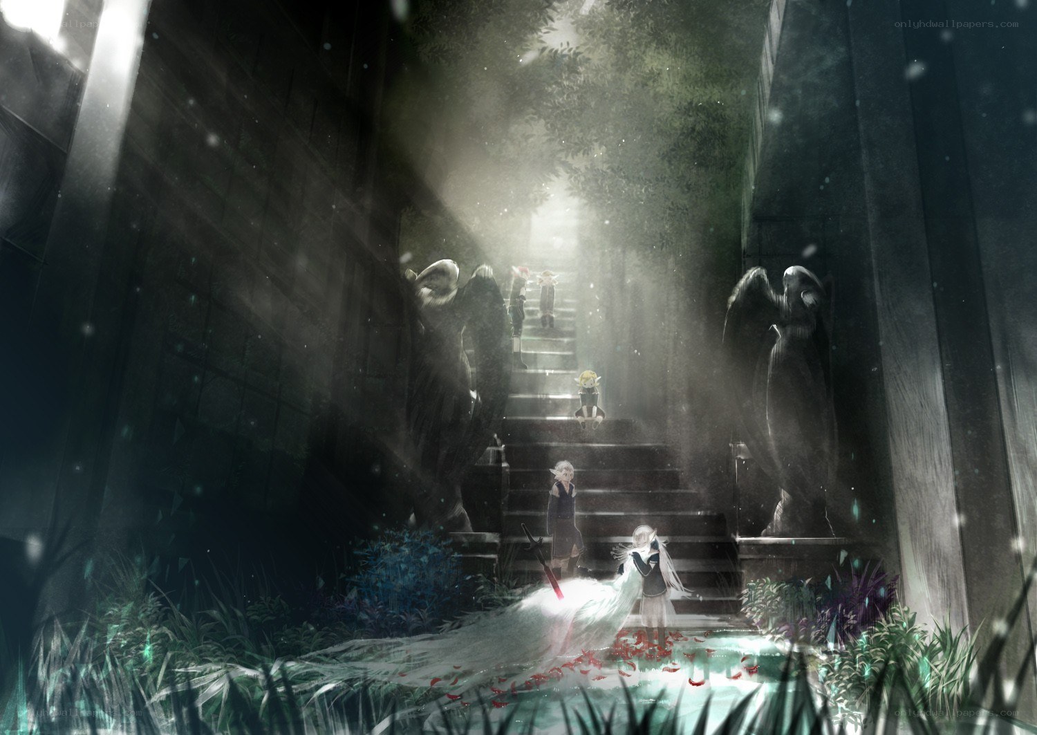 Characters on a stone staircase