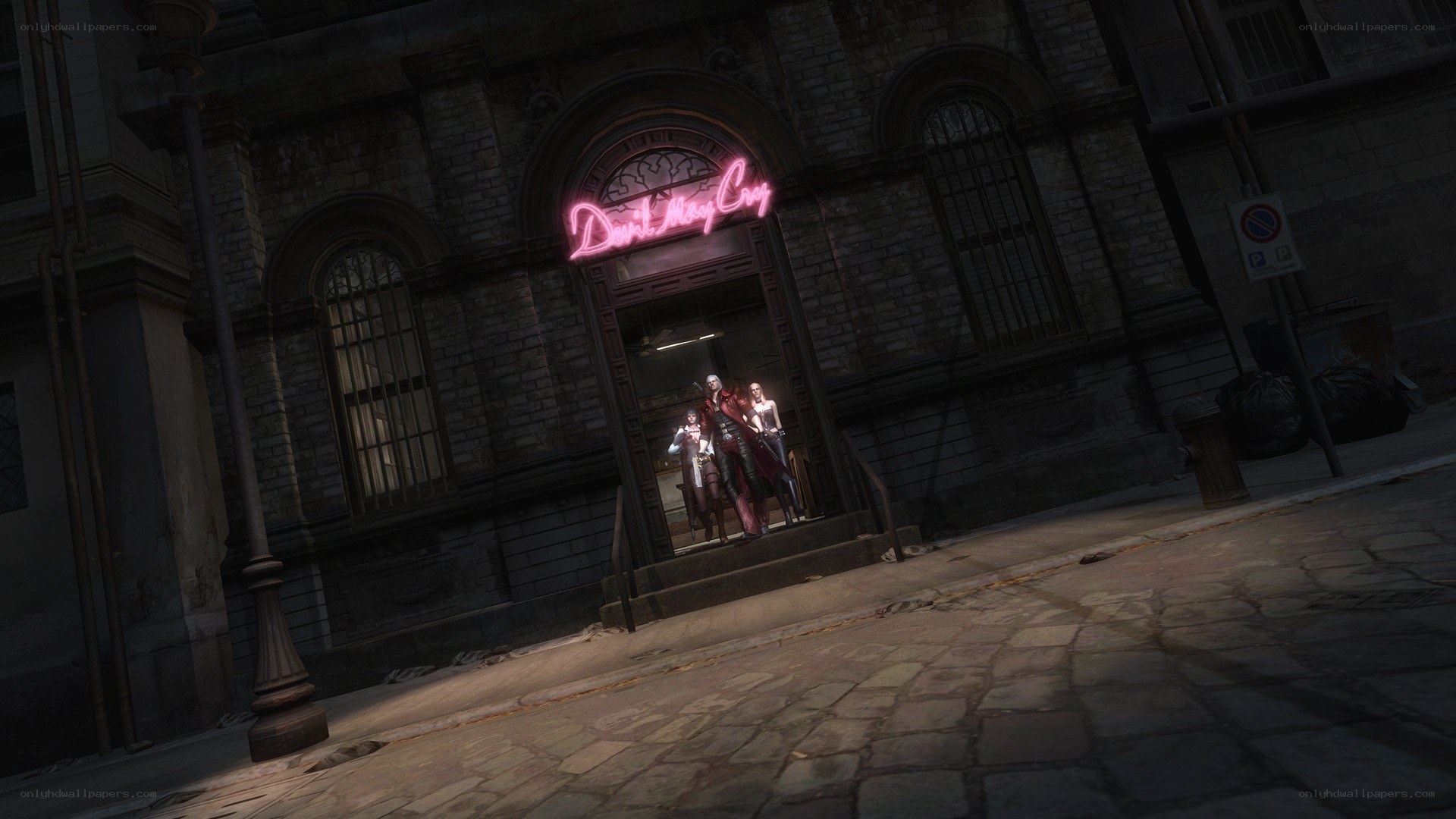 Characters outside a neon-lit building