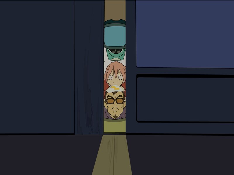 characters peeking through door