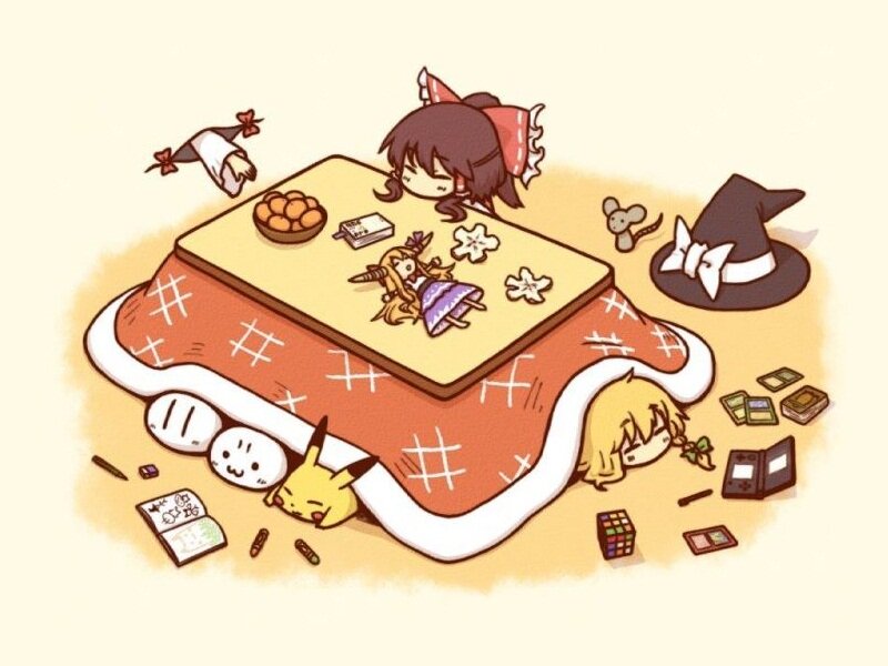 Characters playing on a kotatsu