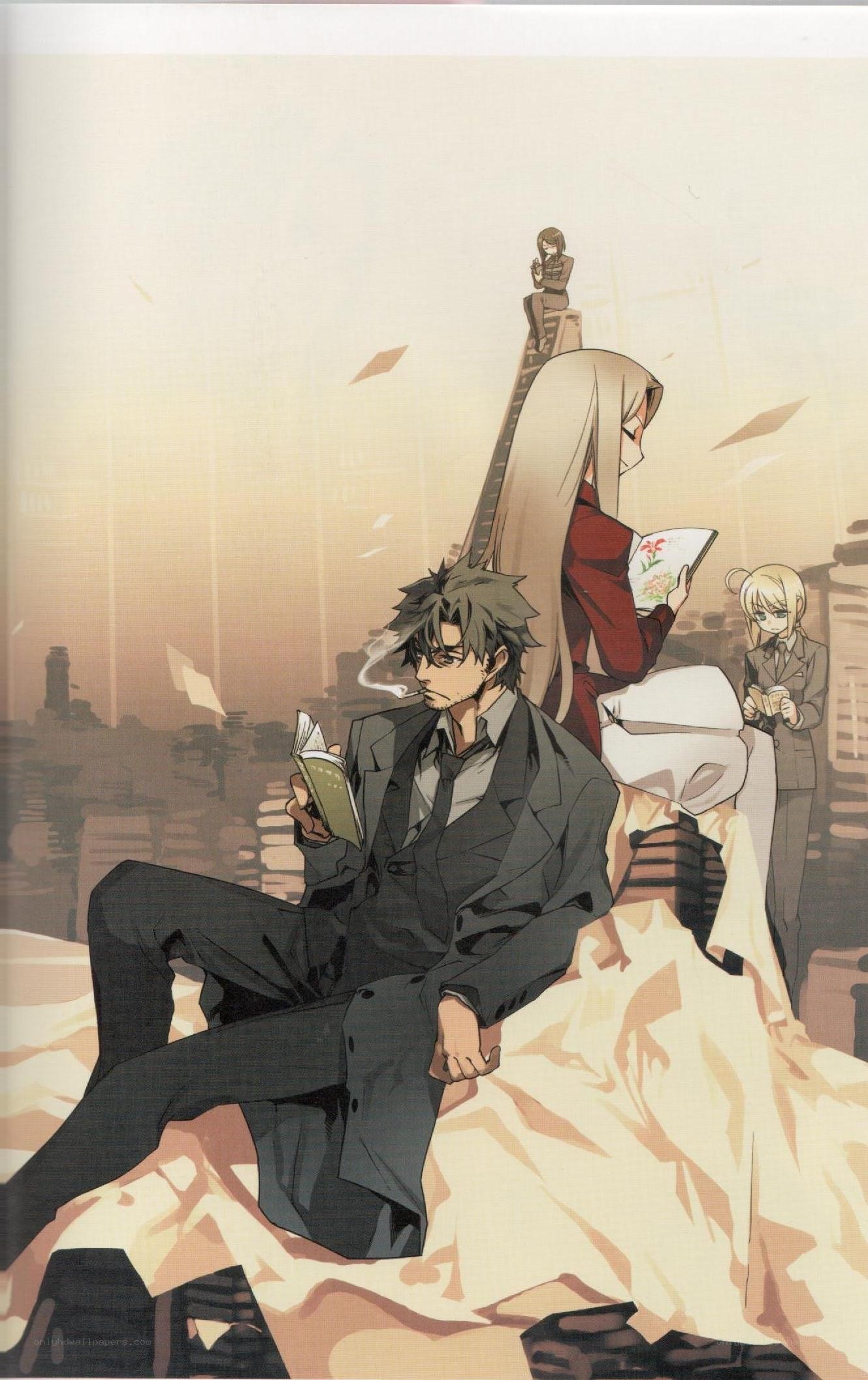 Characters reading in a ruined city