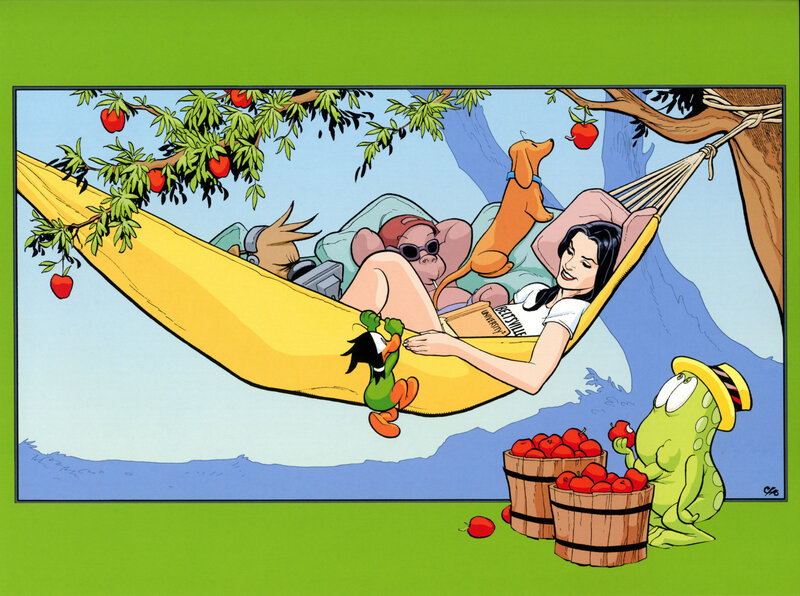 Characters relaxing in a hammock