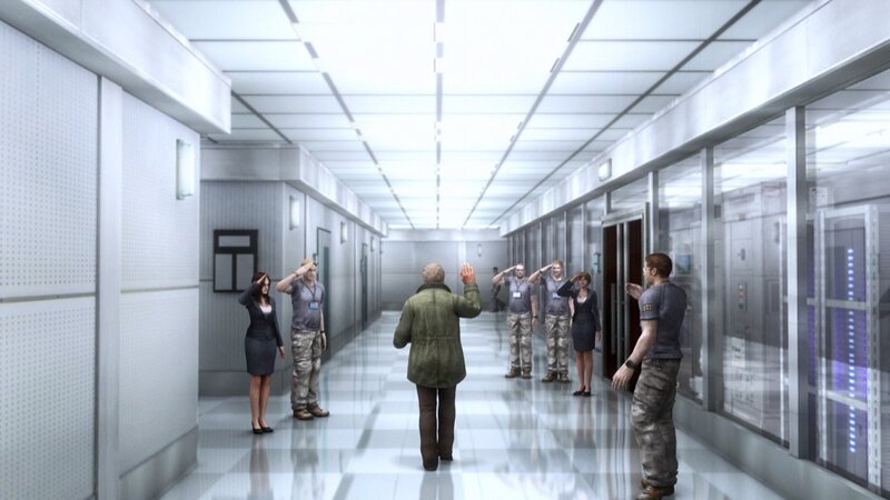 Characters saluting in a corridor