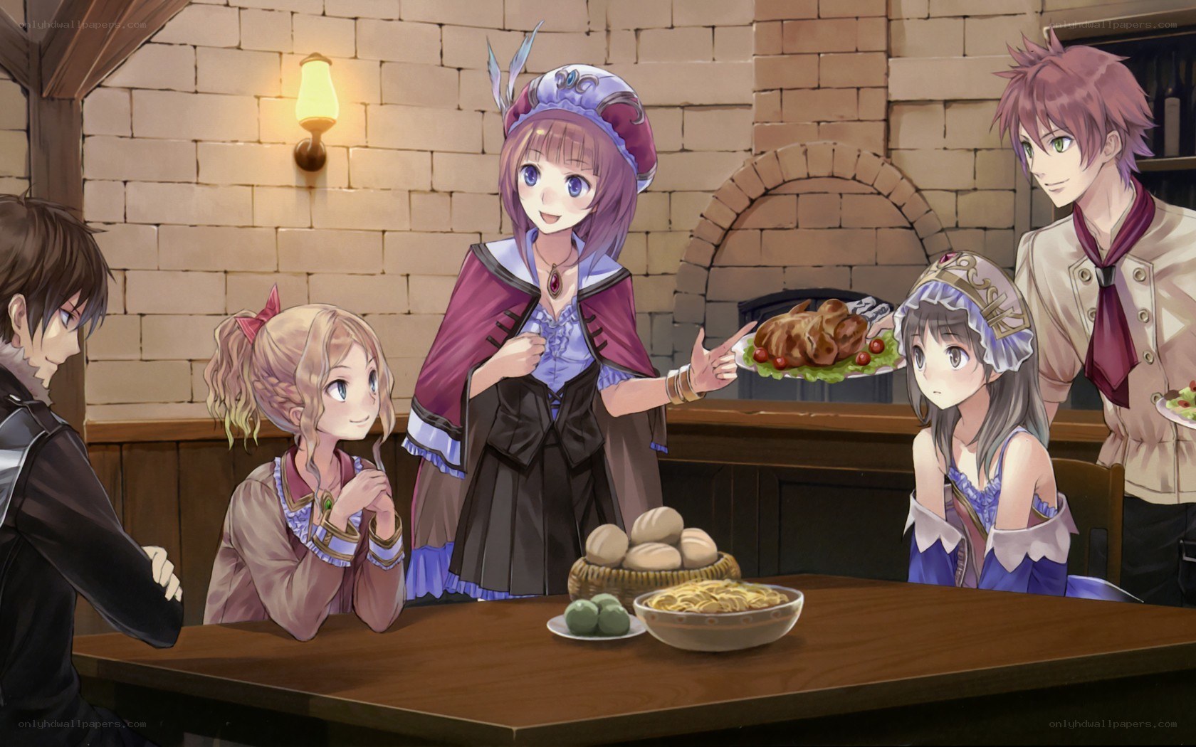 Characters sharing a meal in tavern