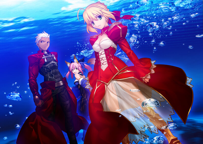 Characters underwater in red outfits