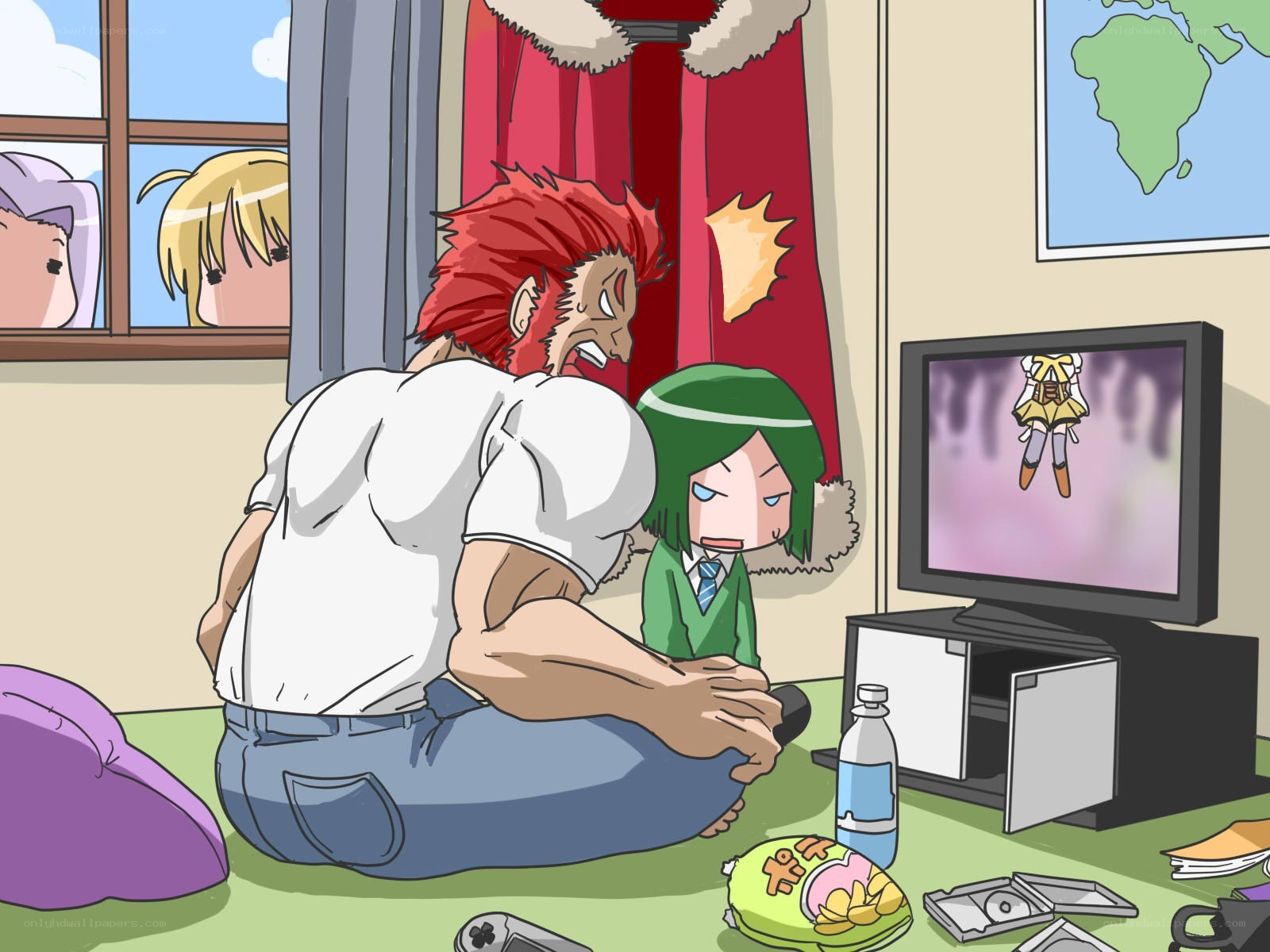 Characters watching TV in a room