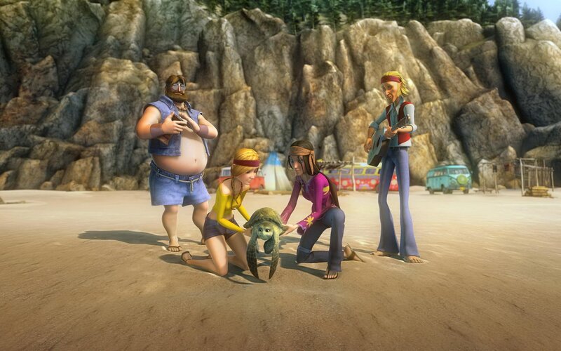 Characters with a turtle on the beach