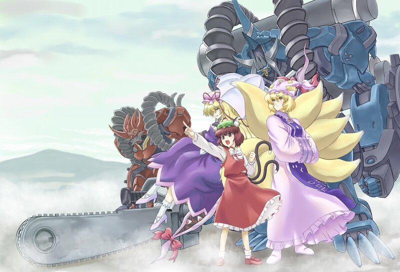 Characters with mechs in a foggy landscape