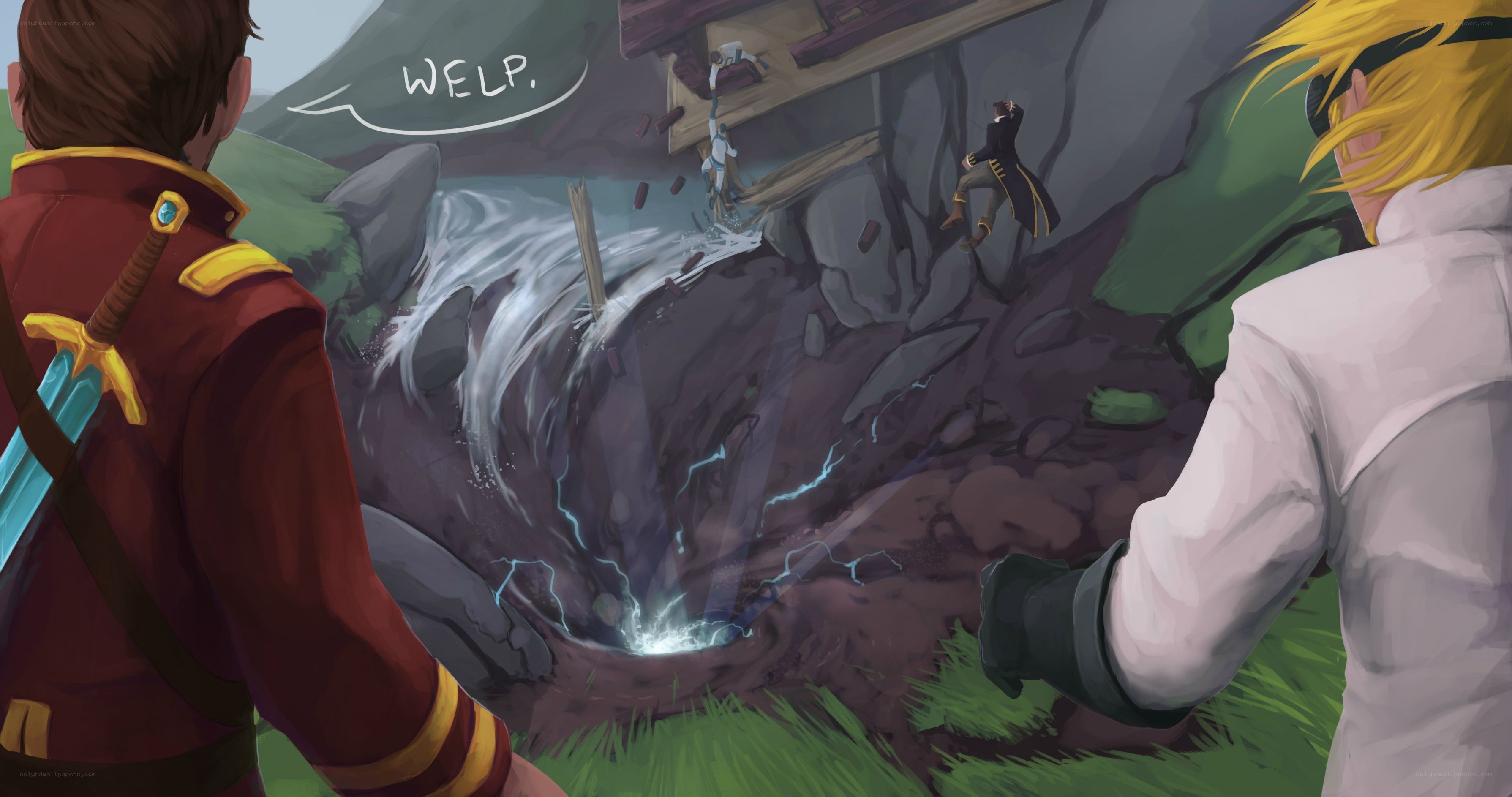 Characters witness a collapse