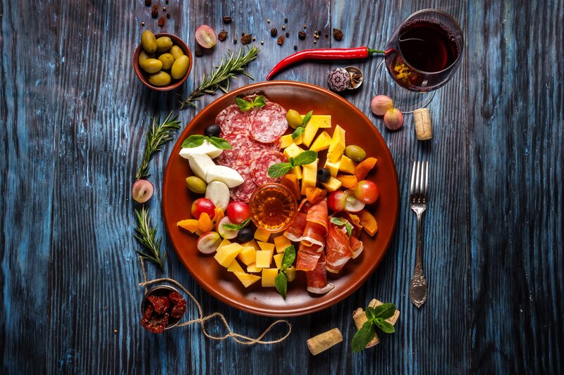 Charcuterie Board with Wine — Brown
