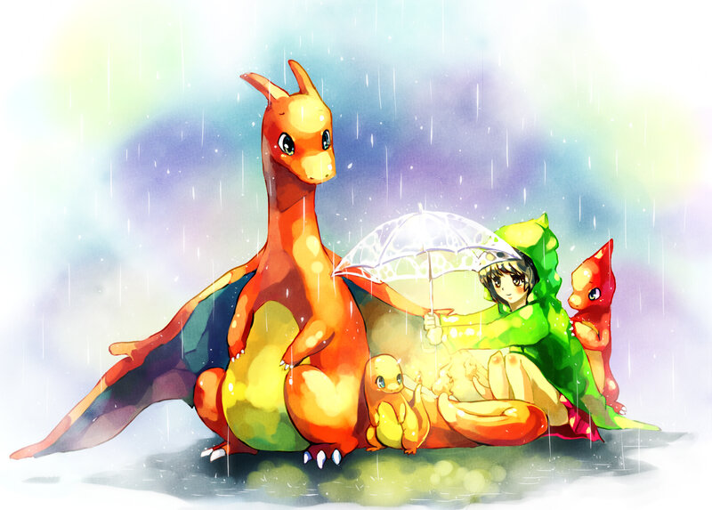 Charizard and Trainer in Rain