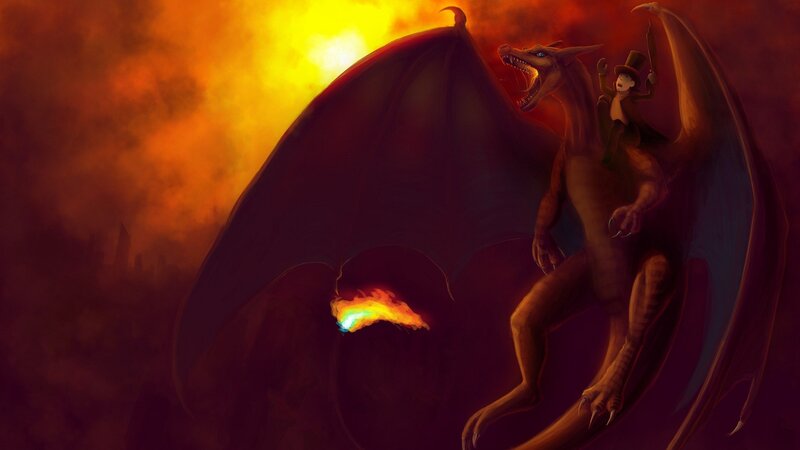Charizard with rider in fiery sky