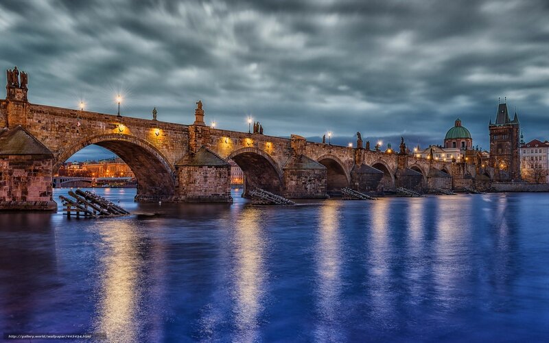 Charles Bridge at Dusk — Blue, Dramatic, Night, Photograph, River, Cityscape