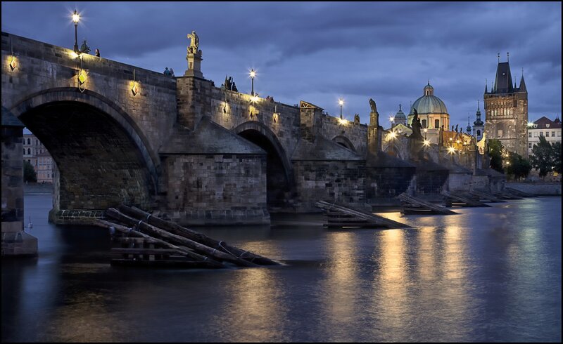 Charles Bridge at Dusk — Blue, Dramatic, Night, Photograph