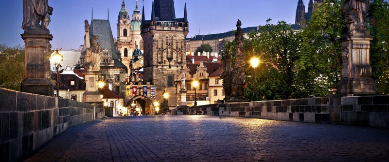 Charles Bridge at Dusk — Blue, Serene, Night, Photograph, Statues, Towers