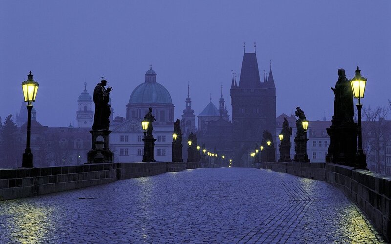 Charles Bridge at Dusk — Blue, Serene, Night, Photograph