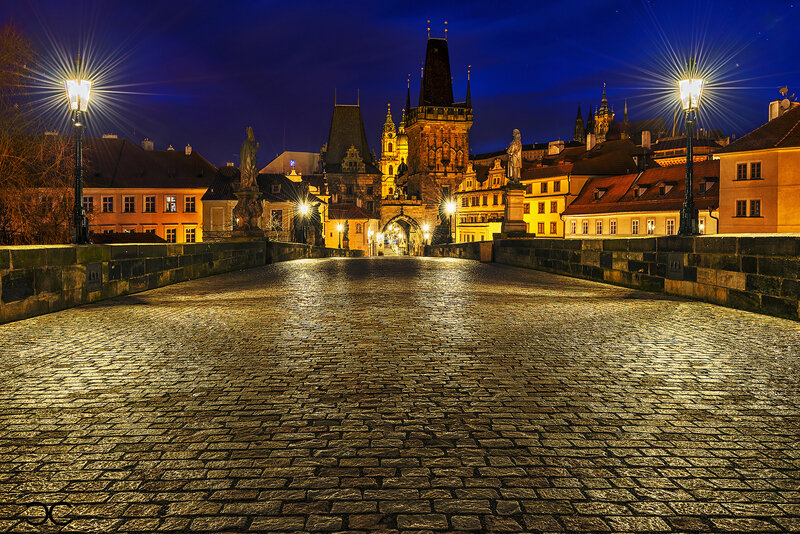 Charles Bridge at Night — Blue, Dramatic, Photograph