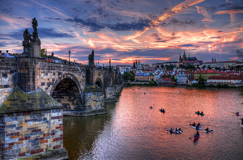 Charles Bridge at Sunset — Orange, Dramatic, Photograph, River, Boats