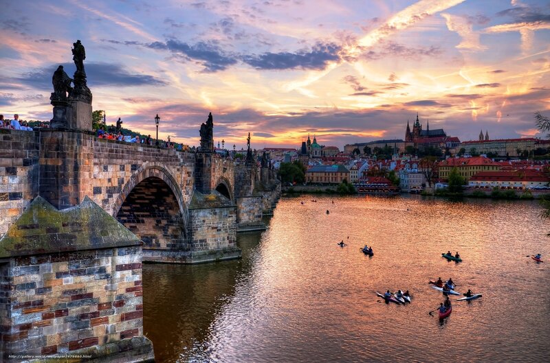 Charles Bridge at Sunset — Orange, Dramatic, Photograph, River, Kayaks, Cityscape, Purple