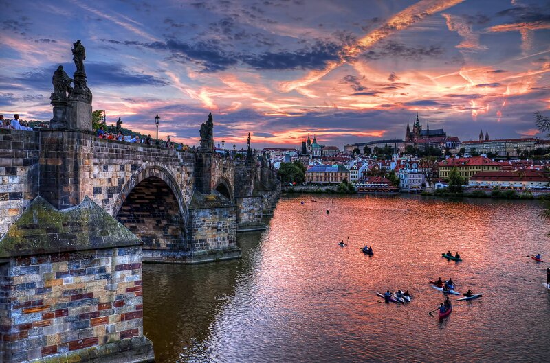 Charles Bridge at Sunset — Orange, Dramatic, Photograph, River, Kayaks