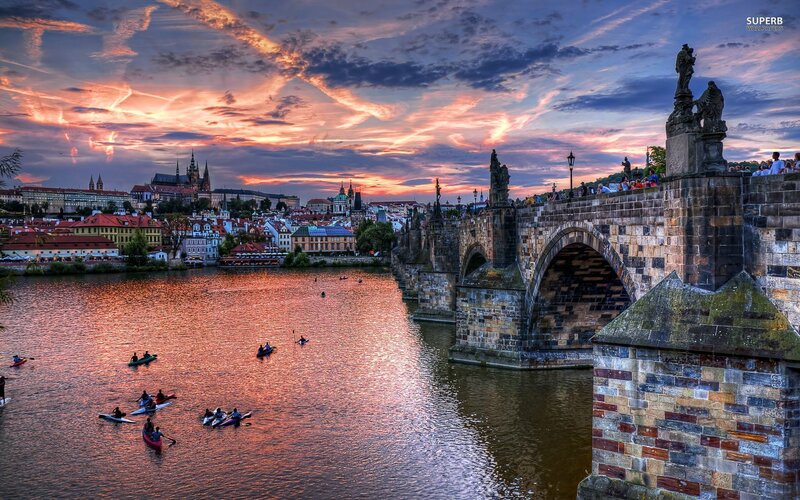 Charles Bridge at Sunset — Orange, Dramatic, Photograph, River