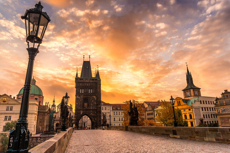 Charles Bridge at Sunset — Orange, Dramatic, Photograph, Street Lamp