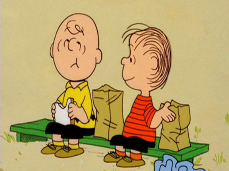 Charlie Brown and Linus on a bench