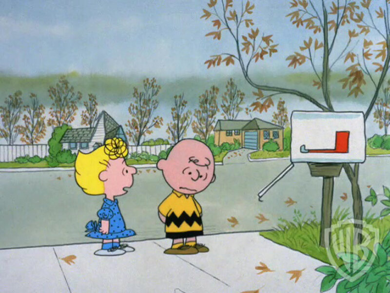 Charlie Brown and Lucy on sidewalk