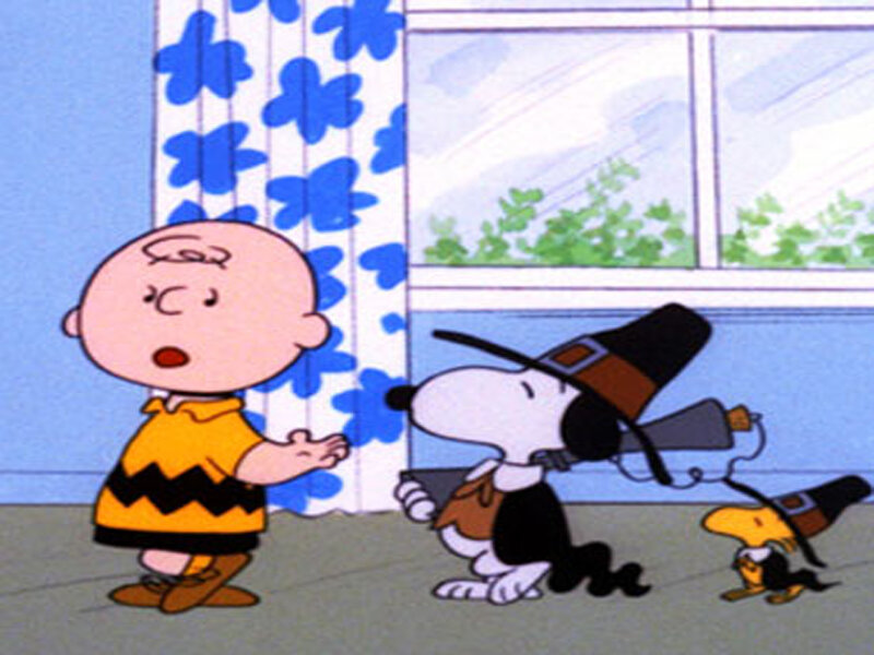 Charlie Brown and Snoopy in Pilgrim Hats