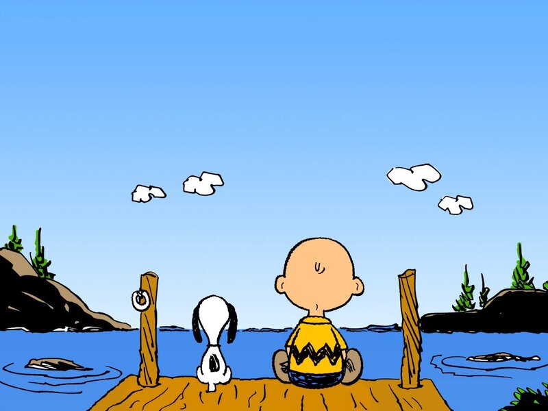 Charlie Brown and Snoopy on a dock