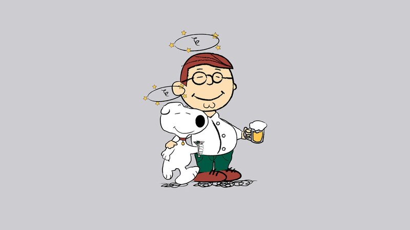 Charlie Brown and Snoopy with drinks
