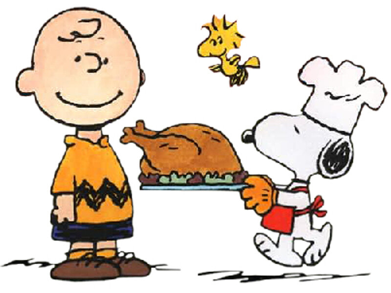Charlie Brown and Snoopy with turkey
