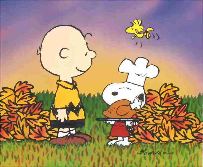 Charlie Brown and Snoopy with turkey