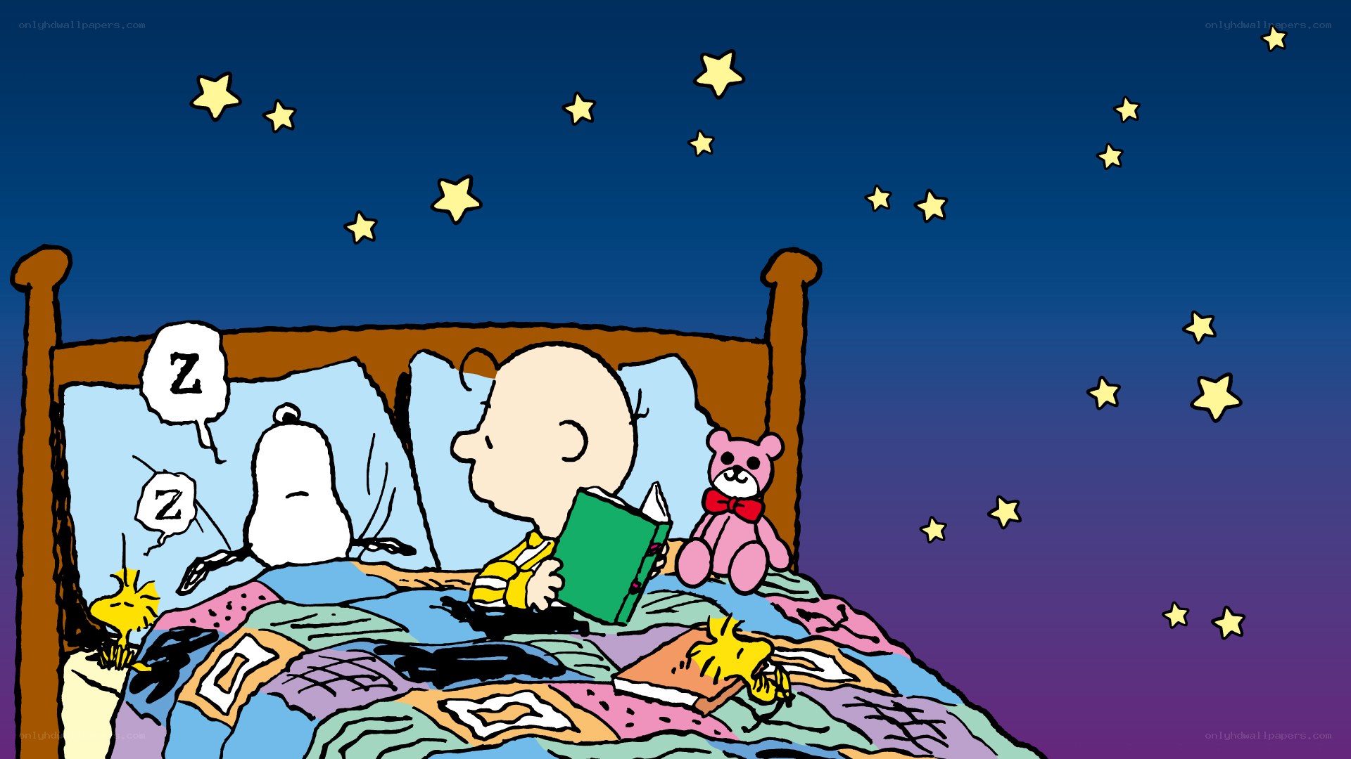 Charlie Brown reading in bed