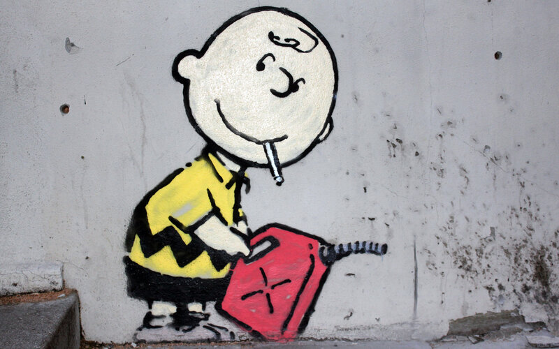 Charlie Brown with gas can