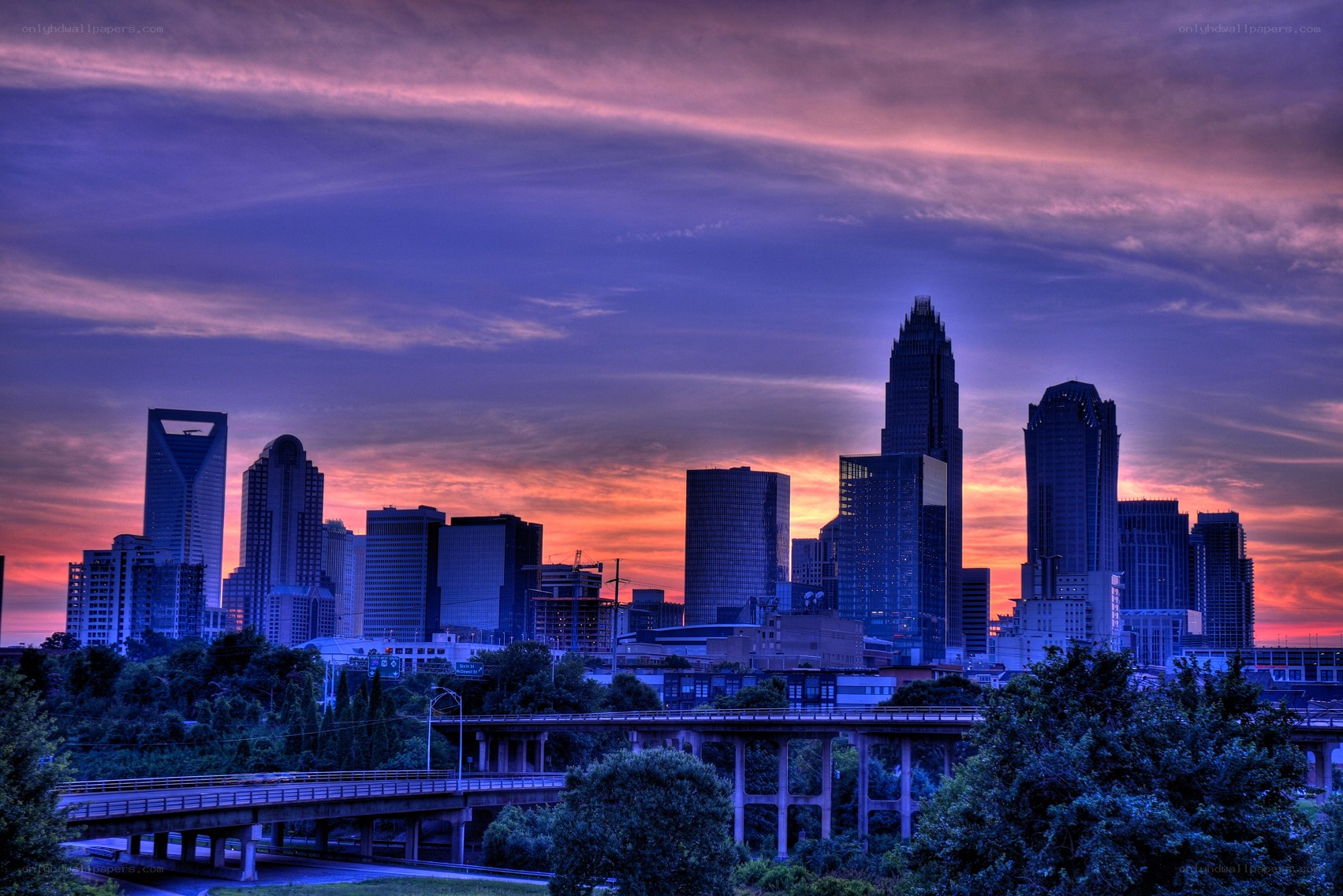 Charlotte skyline at sunset