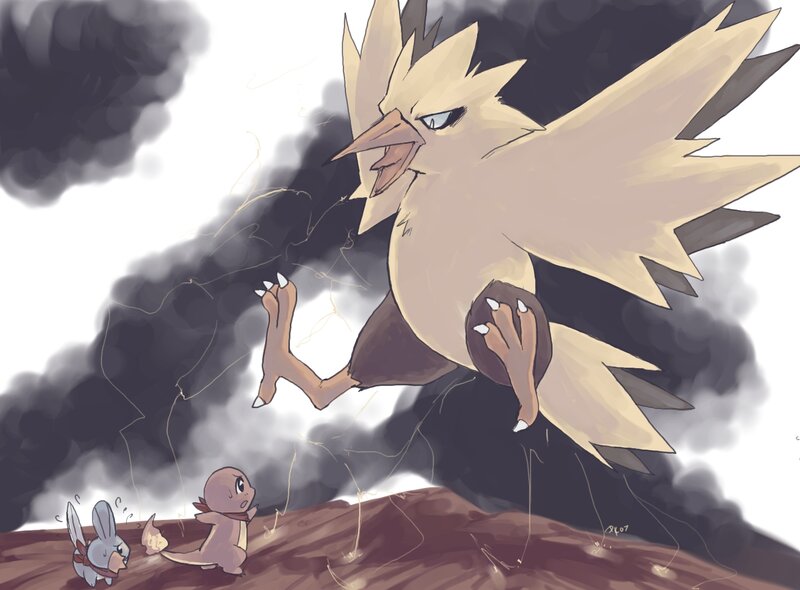Charmander and Pichu facing a large bird