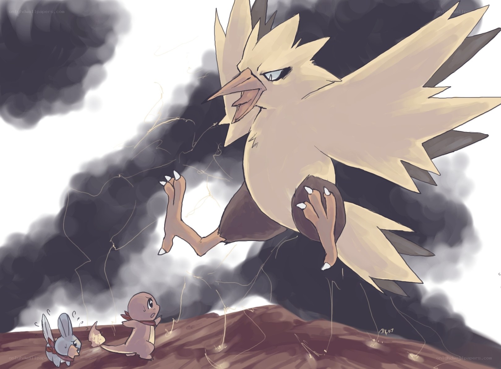 Charmander and Pichu facing a large bird