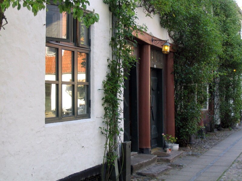 Charming cobblestone street with ivy-covered buildings