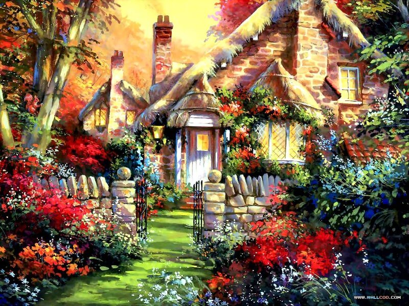 Charming cottage in autumn garden