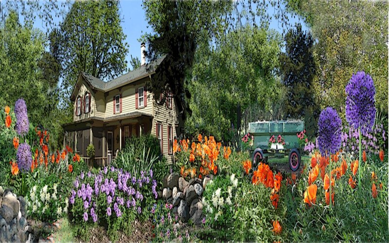 Charming farmhouse with vibrant garden